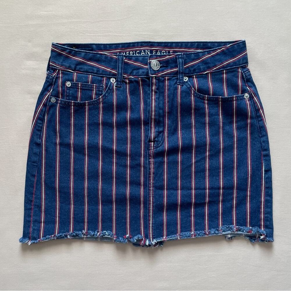 American Eagle Patriotic High Rise Raw Hem Mini Denim Skirt Size 6 Long July 4th